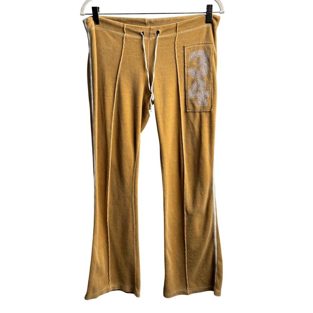 Divine Vintage Y2K Velour Flare Track Pants Mustard Yellow Graphic Womens M USA